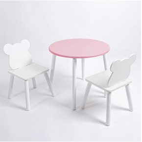 Комплект детский стол КРУГЛЫЙ и два стула МИШКА ROLTI Baby (розовая столешница/белое сиденье/белые ножки) в Карталах - kartaly.ok-mebel.com | фото